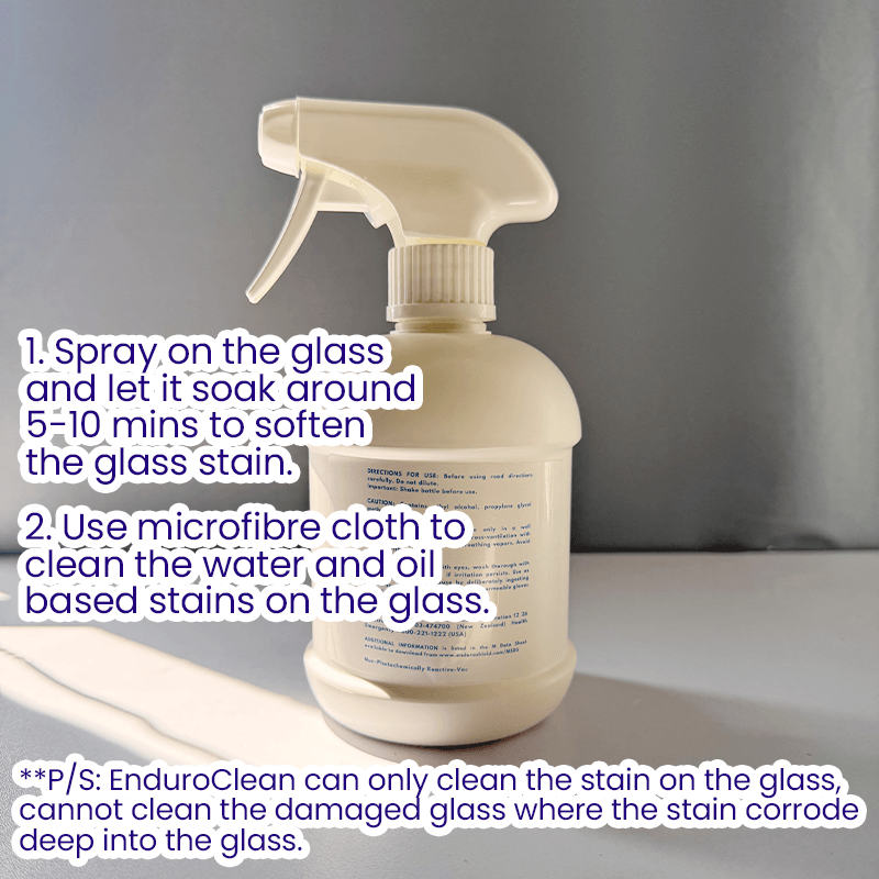 How to use EnduroClean: spray, soak 5 to 10 minutes, wipe with microfibre cloth