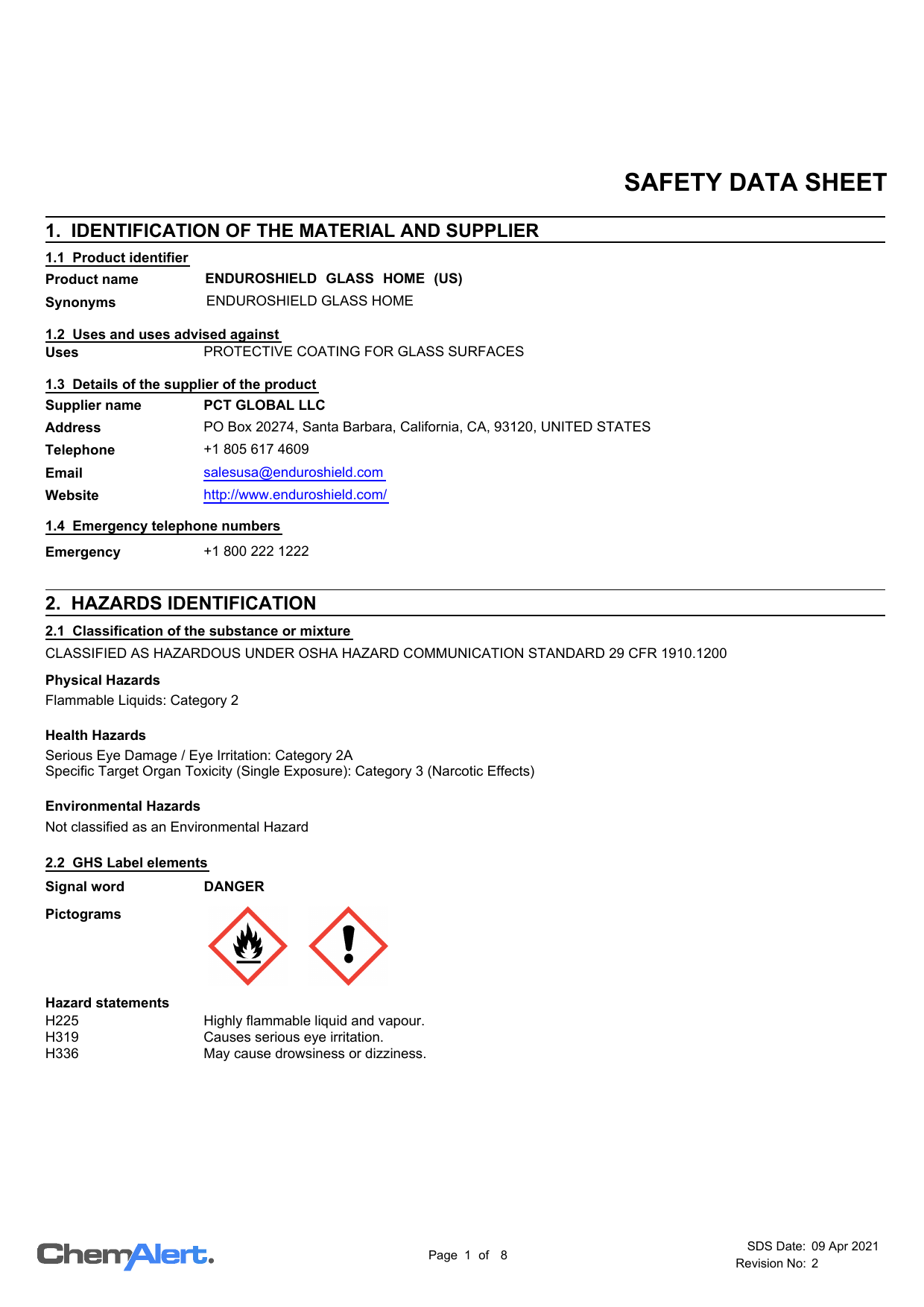 EnduroShield Safety Data Sheet — page 1 (US version)