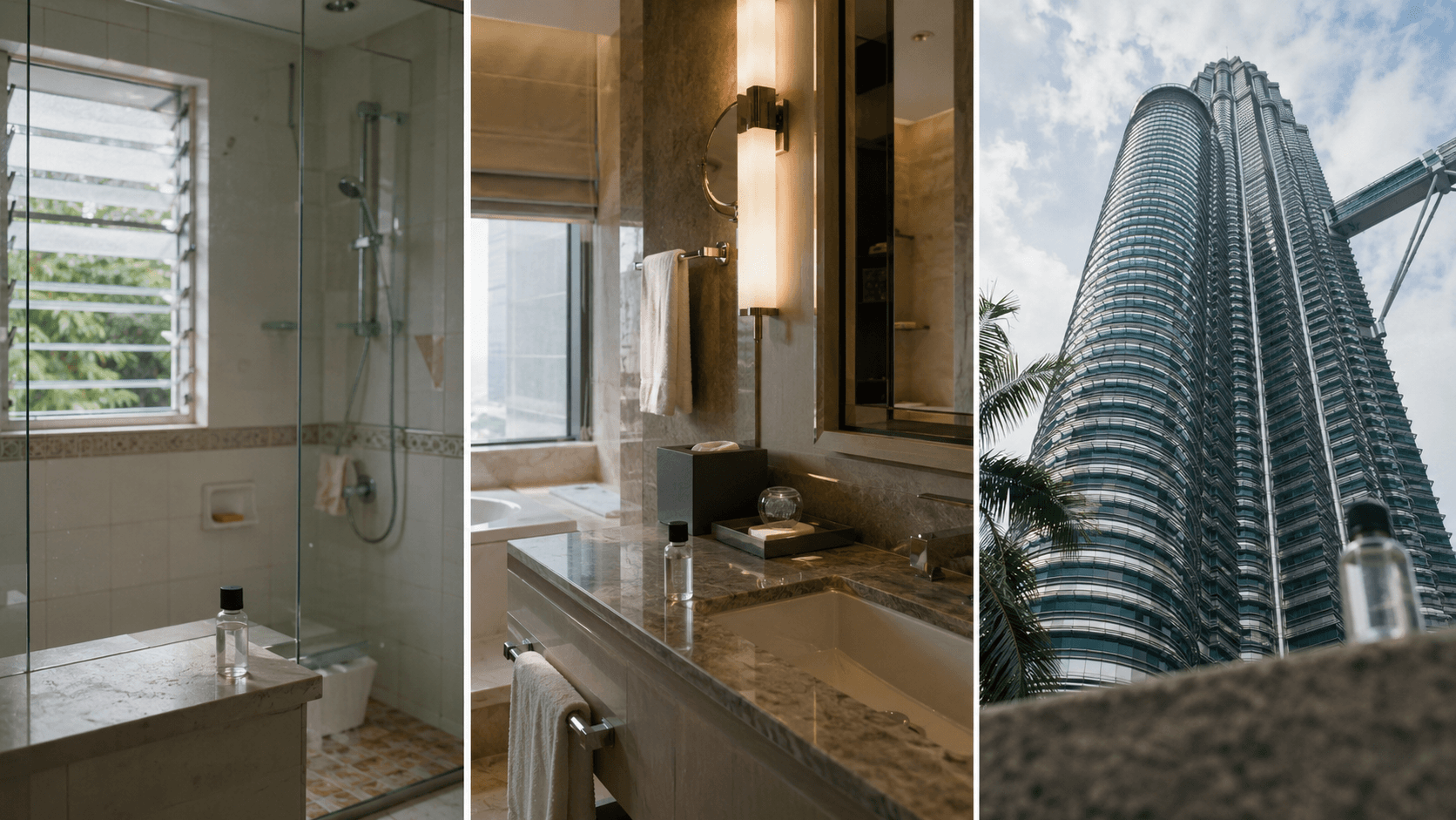 Triptych showing the same coating bottle deployed in three settings — a humble home bathroom, a hotel suite, and a landmark glass tower