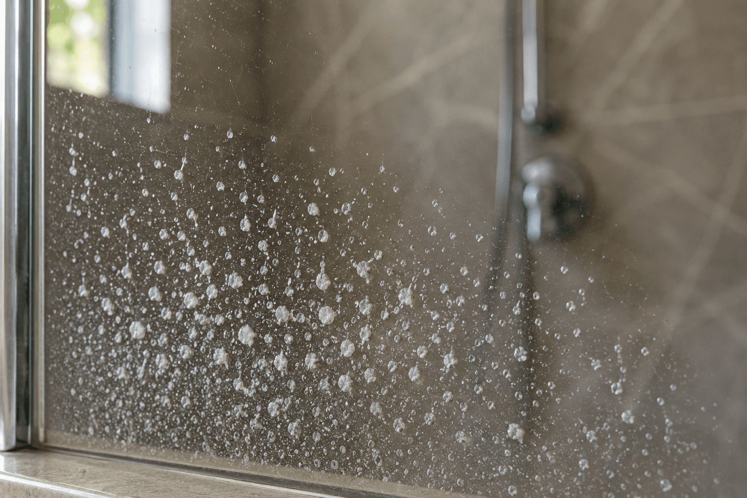 Water marks and mineral deposits on Malaysian shower glass