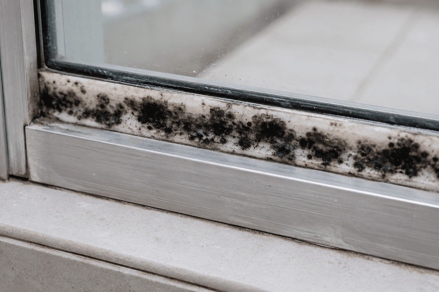 Deep black mildew on white silicone inside aluminium shower frame channel