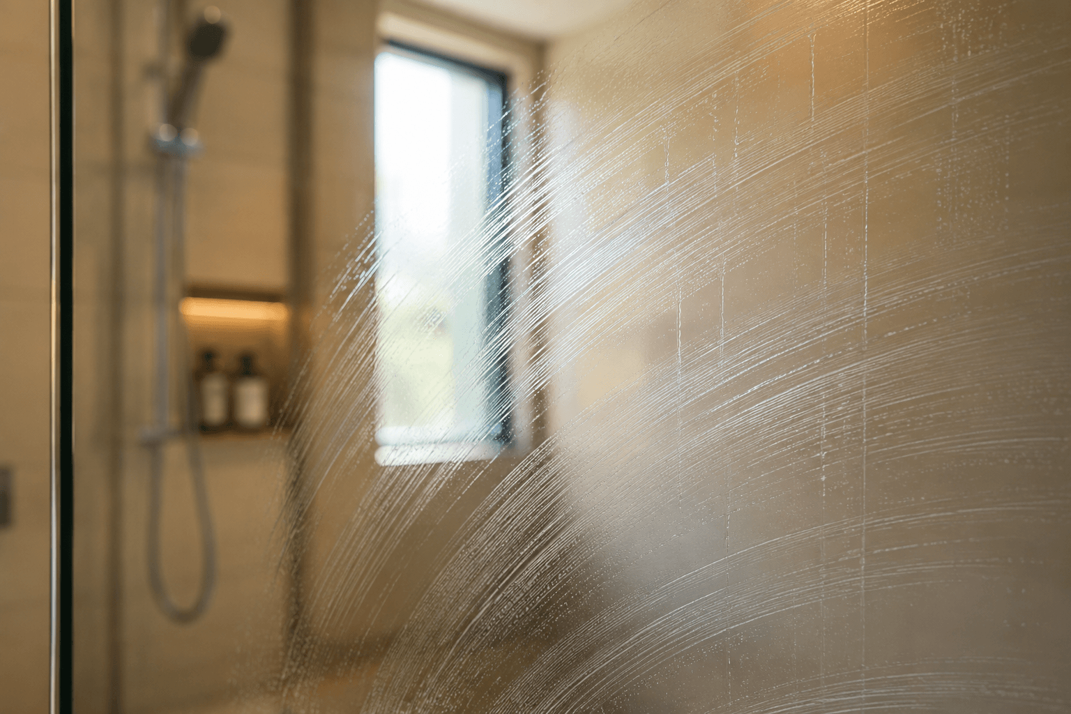 Streaky swirl wipe marks visible on freshly-cleaned shower glass