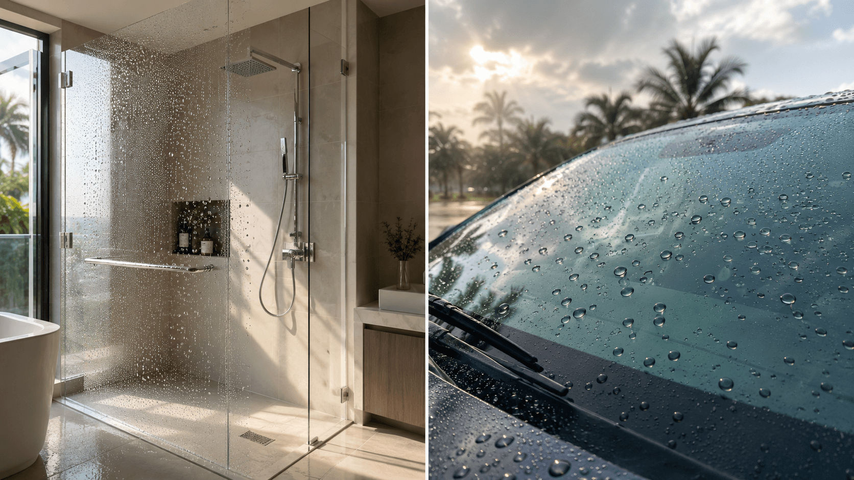 Side-by-side comparison: shower glass and car windscreen both showing water droplets beading off, illustrating different coating chemistry