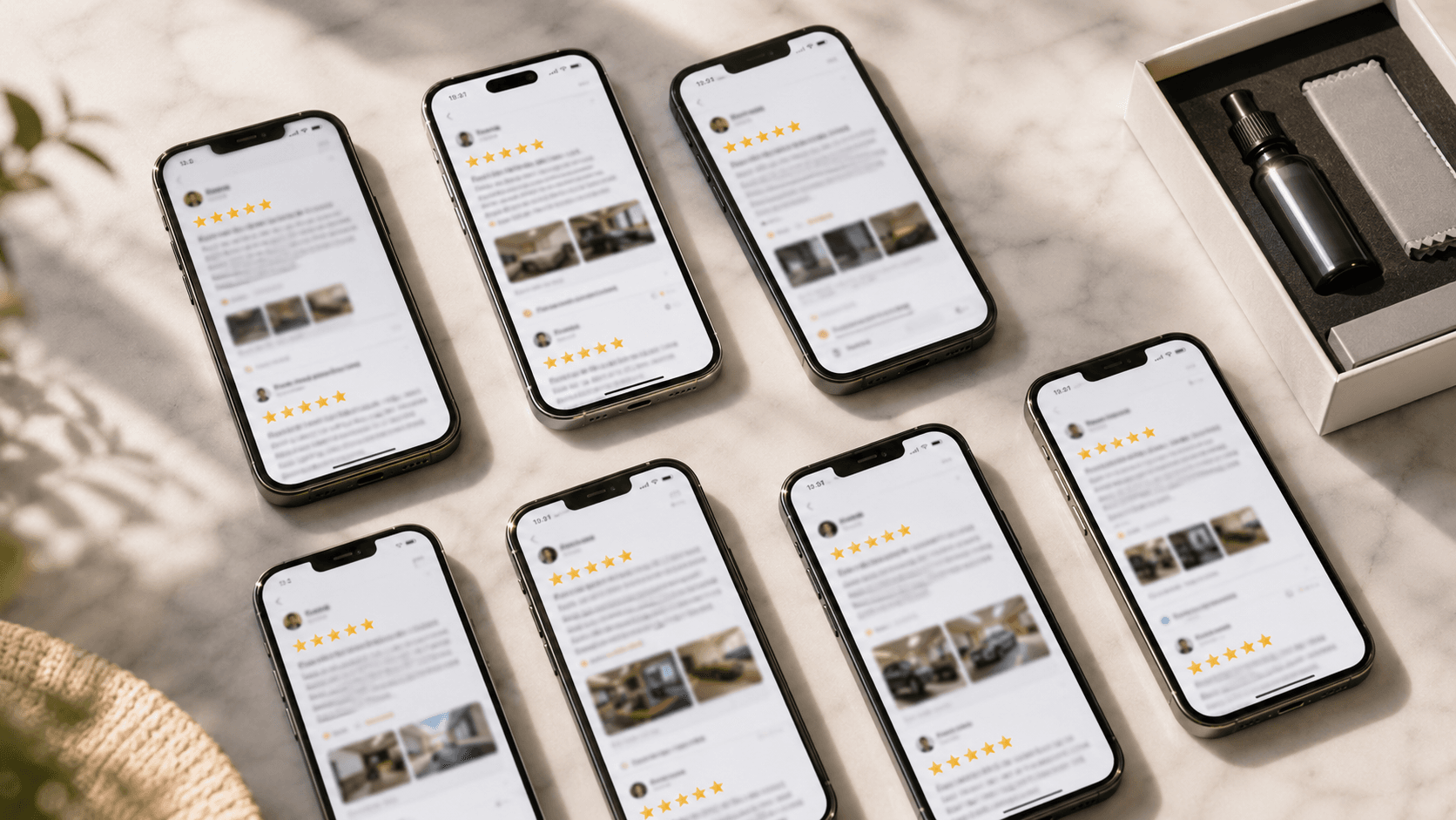 Multiple customer review smartphones on marble surface showing five-star ratings, suggesting customer feedback