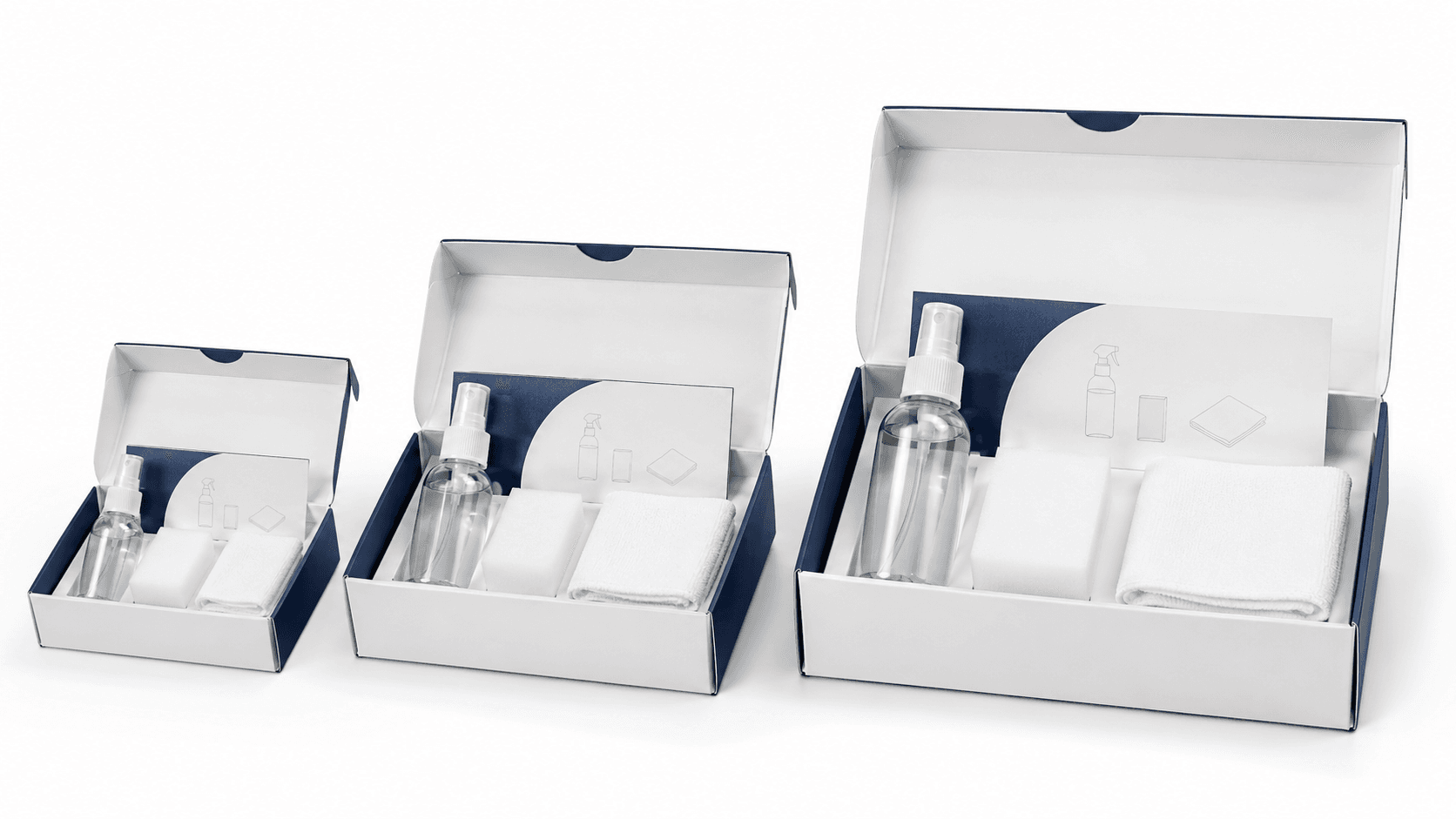 Three sizes of consumer shower glass coating kit boxes lined up from Standard to Pro, kit contents visible, illustrating price tier options for Malaysian homes