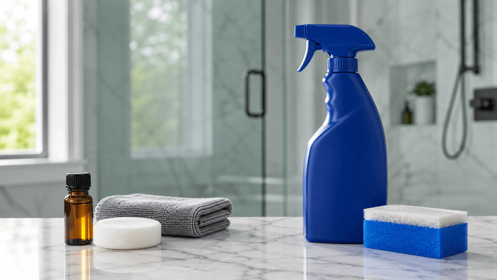 Two visibly different shower glass coating products side by side on marble counter, illustrating EnduroShield silane kit vs Crystal Clear polymer spray