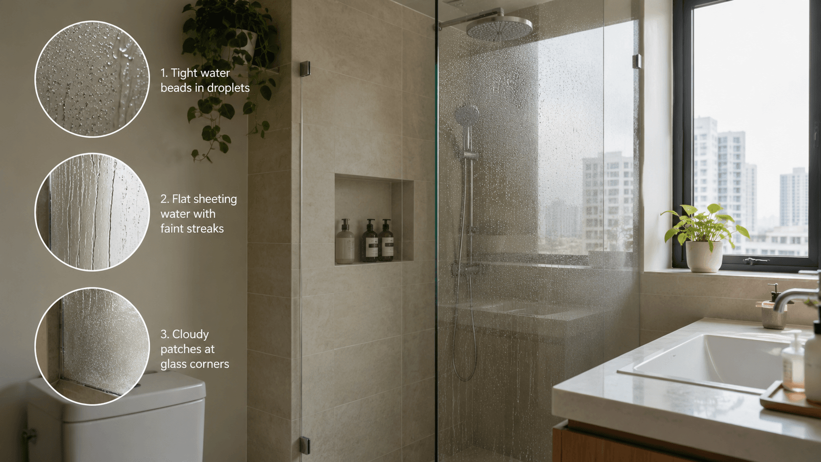 Clear and cloudy shower glass panels in a Malaysian condo bathroom with a squeegee on tile