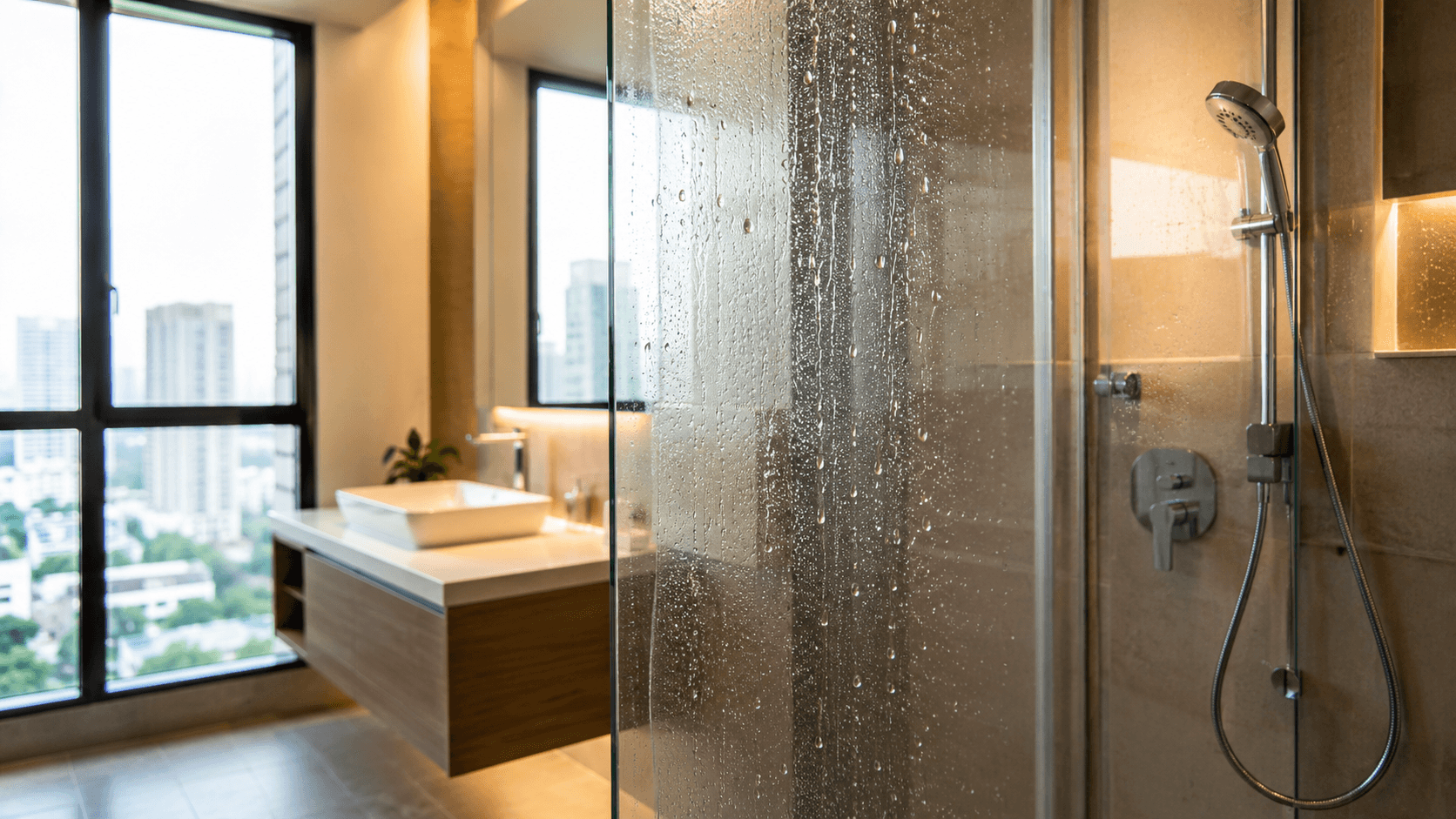Kota Damansara condo shower glass with water beading, wet floor tiles, and children’s bath toys
