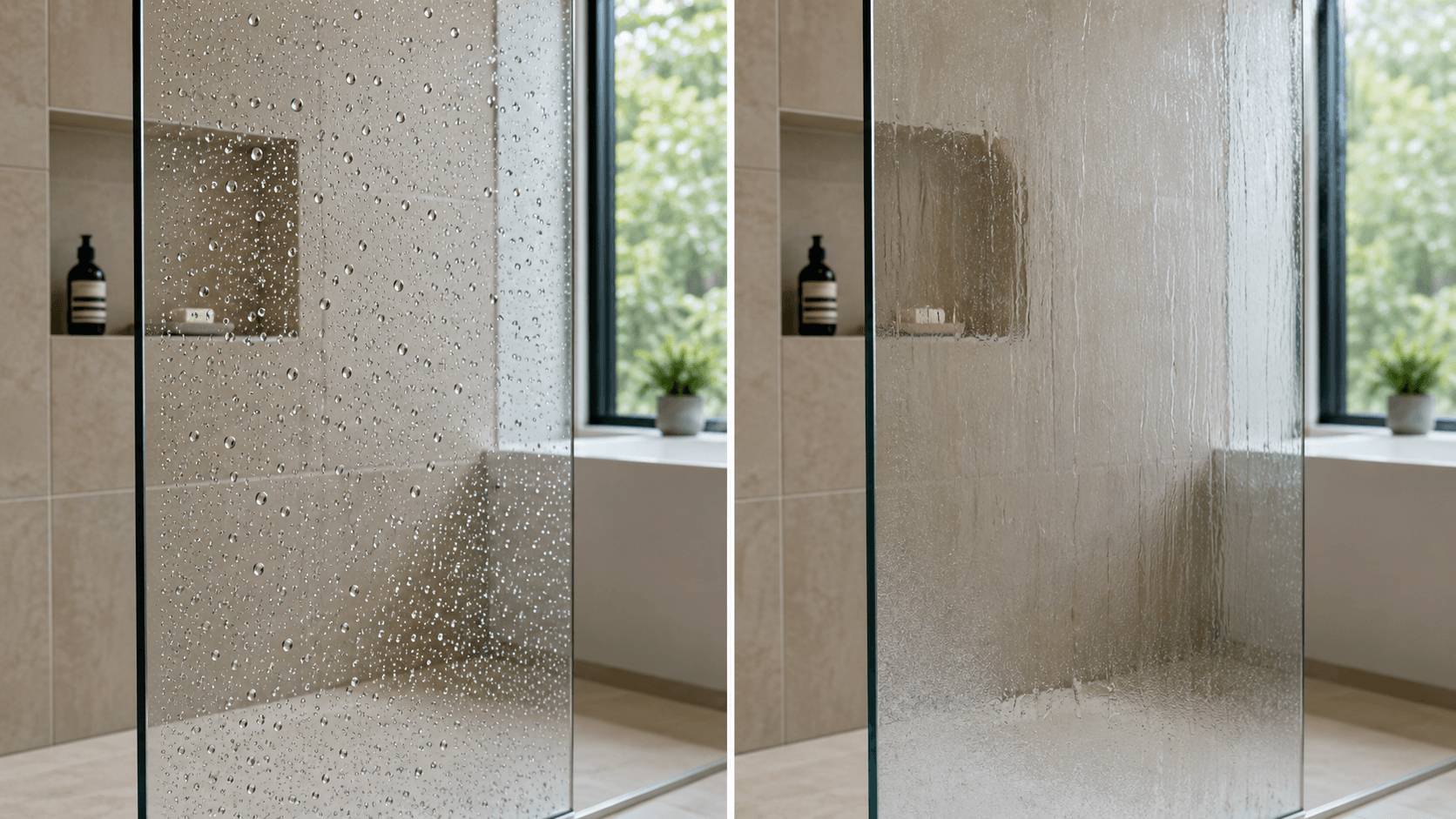 Shower glass maintenance checklist with water droplets, microfiber cloth, and bathroom inspection notes