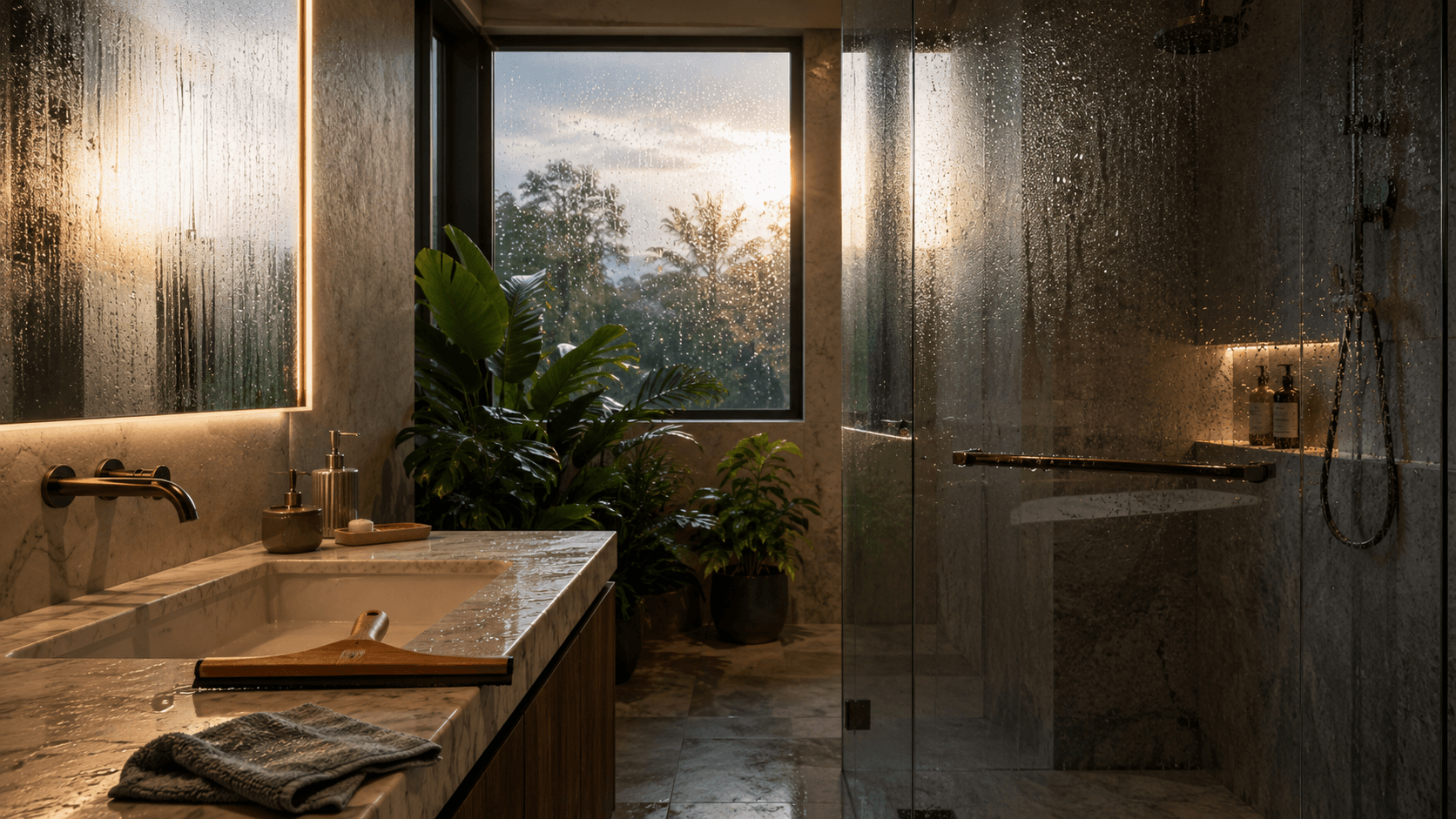 Malaysian bathroom at dawn with visible humidity, mirror condensation and tropical rain through window, squeegee on marble counter — humid-climate shower glass care