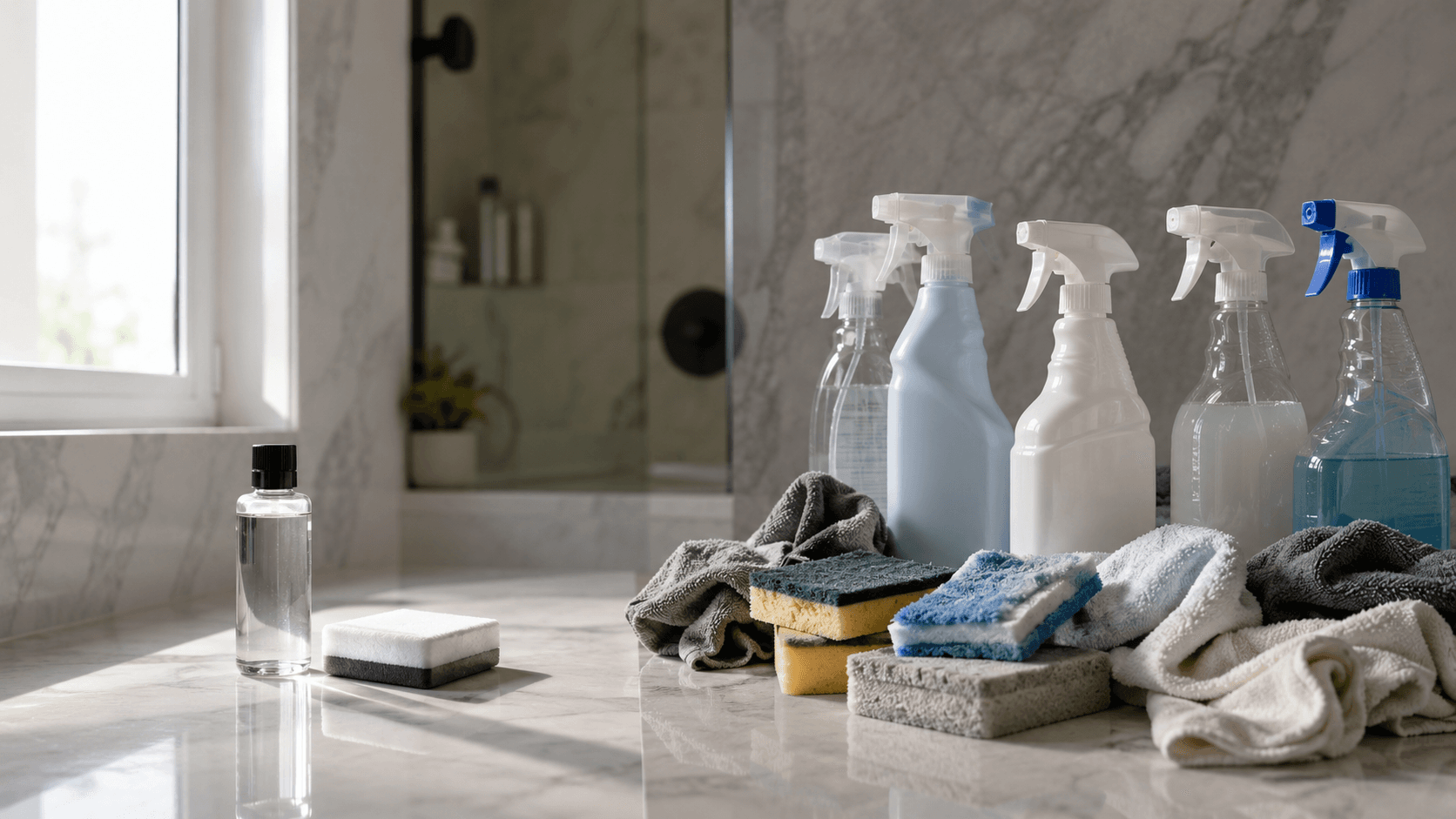 Single coating kit beside cluttered pile of repeat-purchase shower cleaners, illustrating one-time treatment vs ongoing cleaning