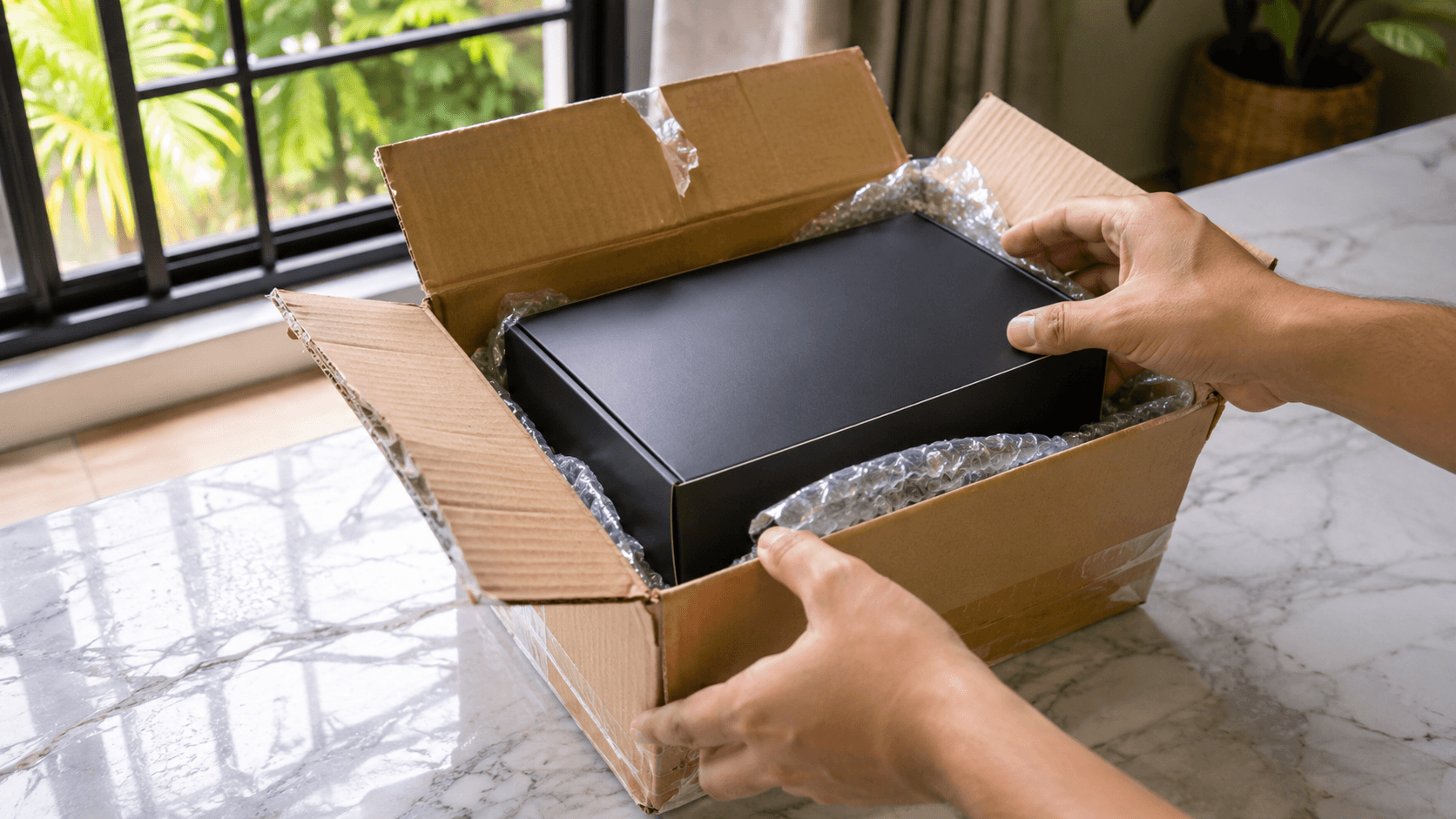 Freshly delivered EnduroShield glass coating kit being unboxed at a Malaysian home, suggesting authentic direct-from-source purchase