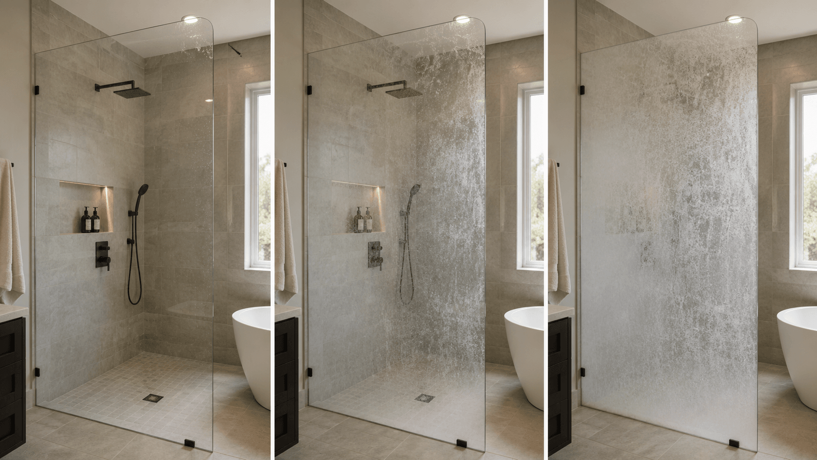 Three shower glass panels showing progressive cloudy damage stages from light haze to severely etched, illustrating stages of mineral build-up