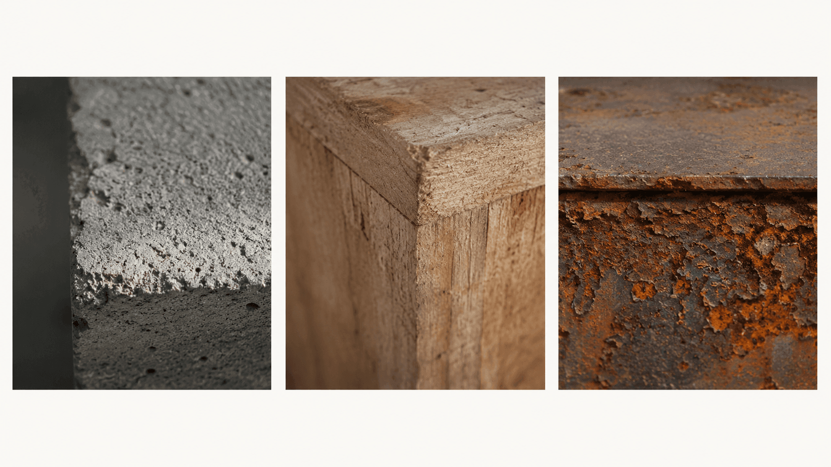 Three surfaces the coating cannot bond to — porous concrete, untreated wood, and rusted iron — shown honestly