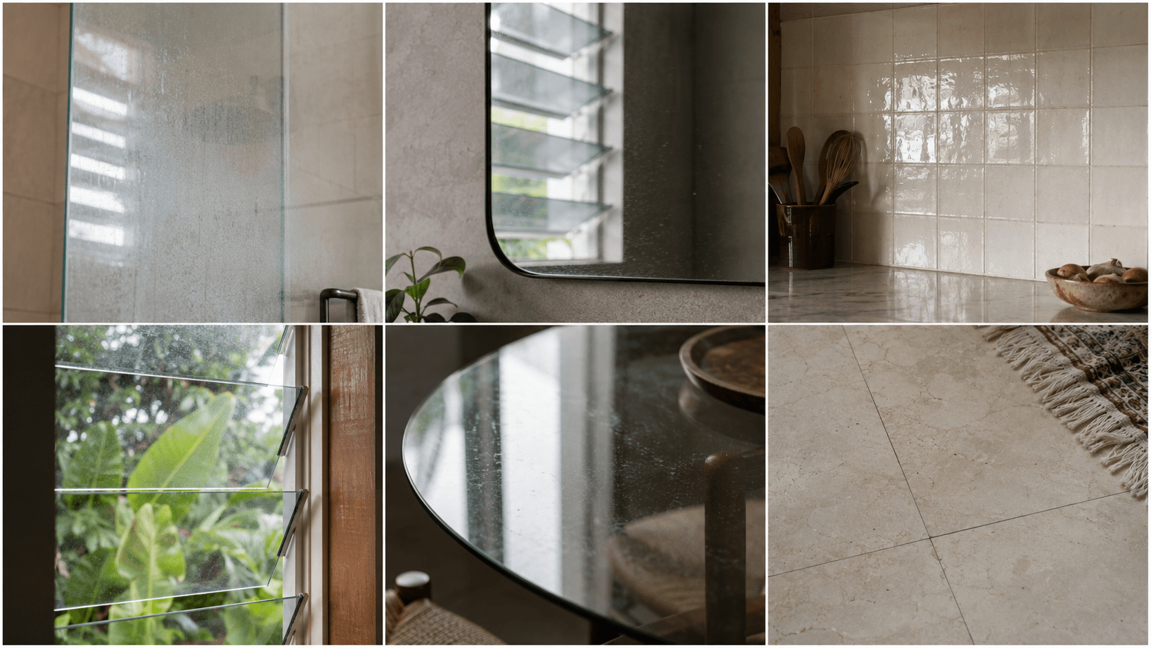 Six different smooth glossy surfaces that accept the coating — shower glass, mirror, kitchen splashback, window, glass tabletop, ceramic tile
