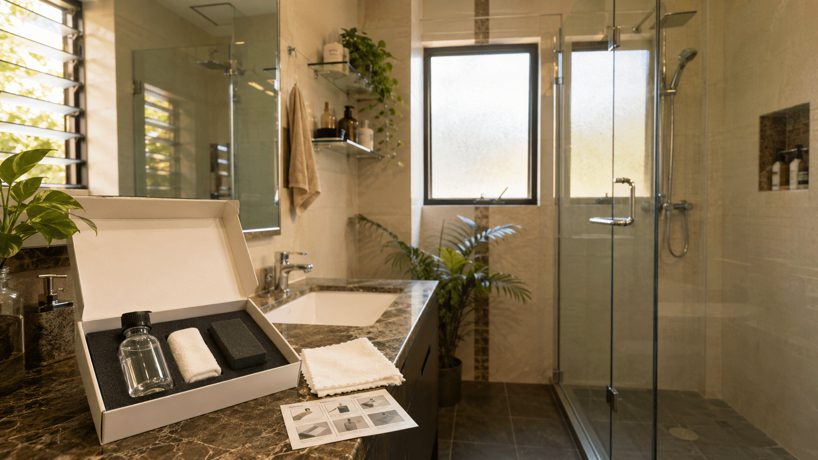 Malaysian condo bathroom with a complete DIY coating kit on the marble vanity foreground — shower glass screen, mirror, shelves and window visible behind, lived-in tropical feel