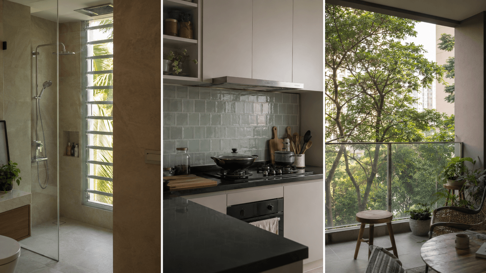 Three rooms shown side-by-side where the coating works — modern bathroom, kitchen with splashback, outdoor patio with glass railing