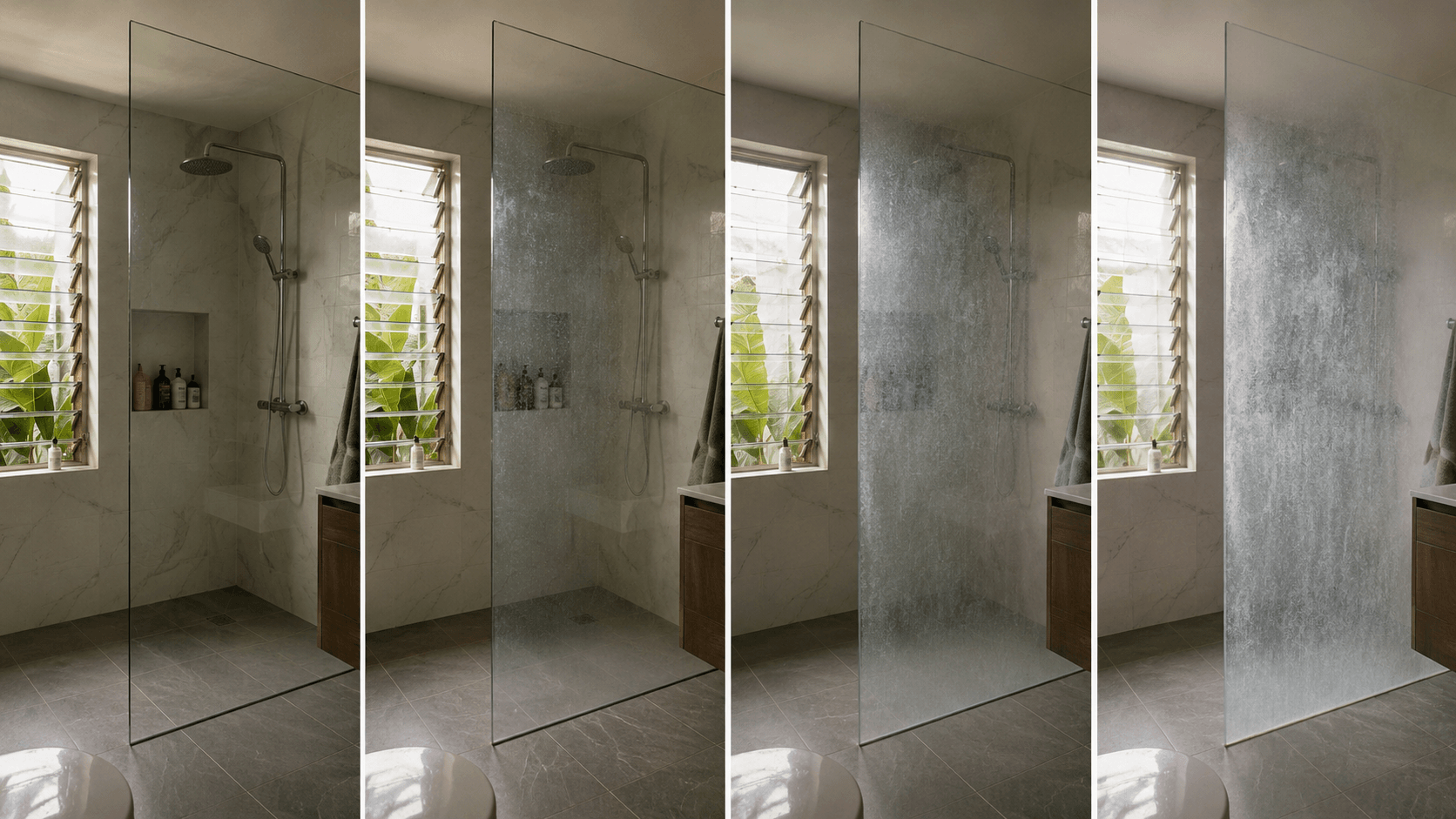 Same shower glass panel showing 4 progressive stages of mineral buildup — from clean to light film to heavy haze to etched permanent damage
