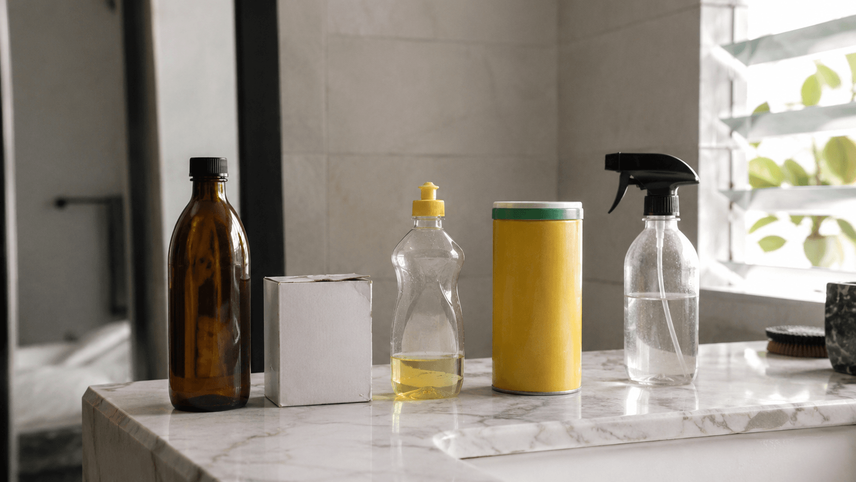 Five different household cleaner bottles lined up on a marble counter — vinegar, baking soda, mild detergent, Bar Keepers Friend, alcohol