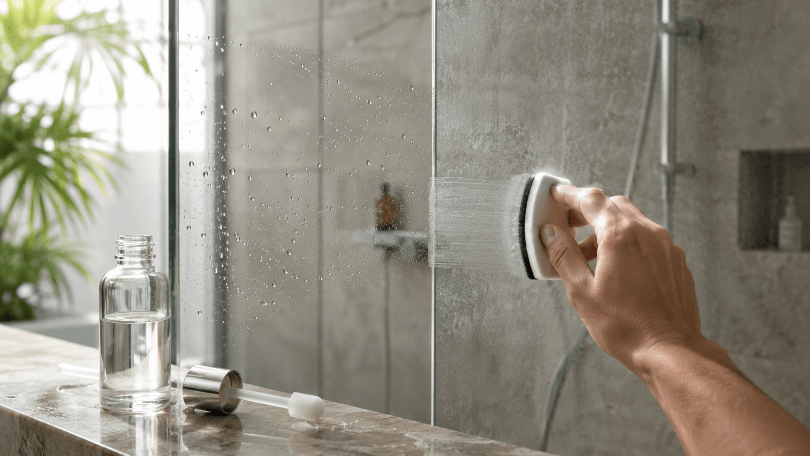 Hand applying refill coating mid-stroke — clear bottle in foreground, left half of shower glass already freshly recoated and beading, right half still showing light wear