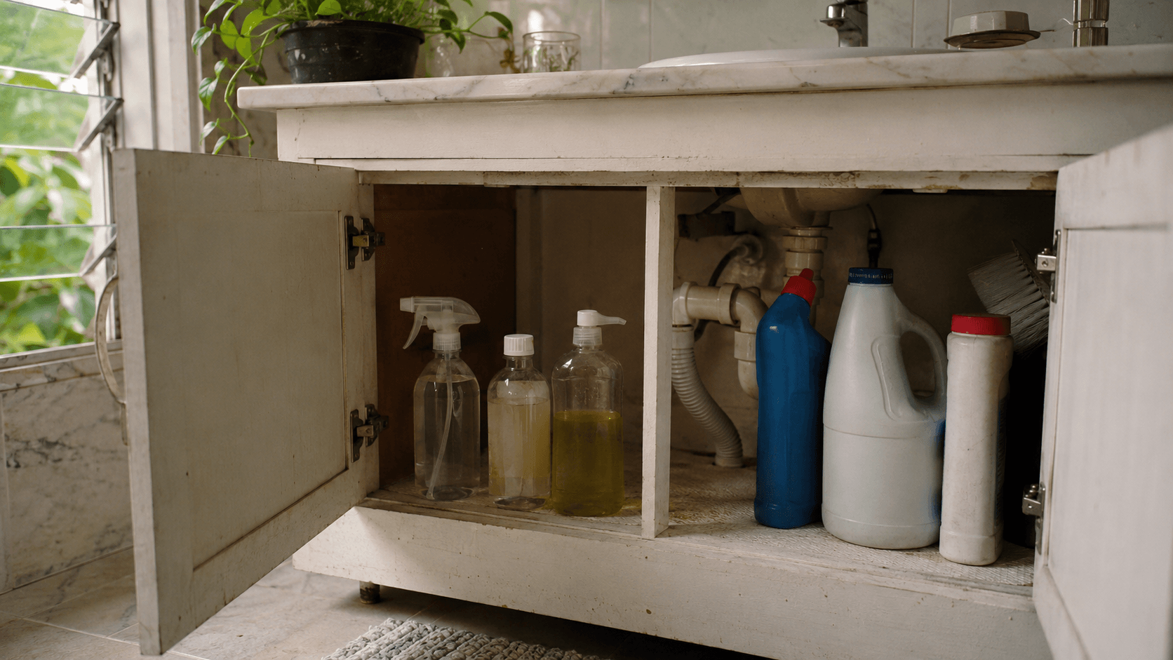 Bathroom cabinet open — common cleaners sorted into 'safe for coated glass' group on left and 'avoid' group on right