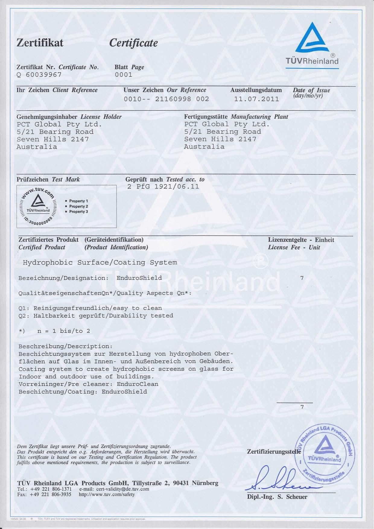TÜV Rheinland certificate for EnduroShield