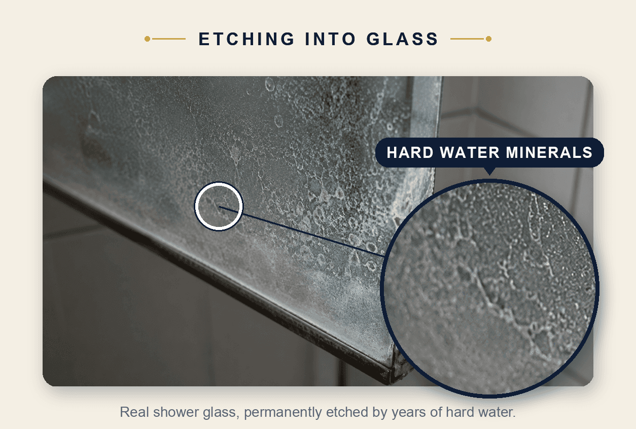 How hard water minerals etch into shower glass — diagram showing mineral deposits embedding into glass surface