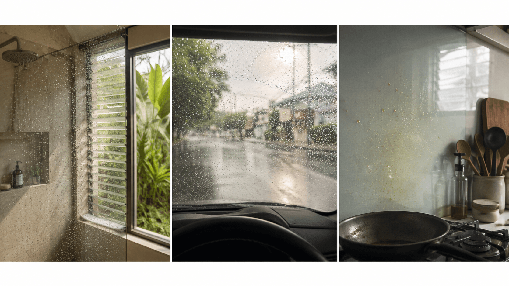 Three real surfaces the coating works on — shower glass, car windscreen, kitchen splashback — one product, three jobs