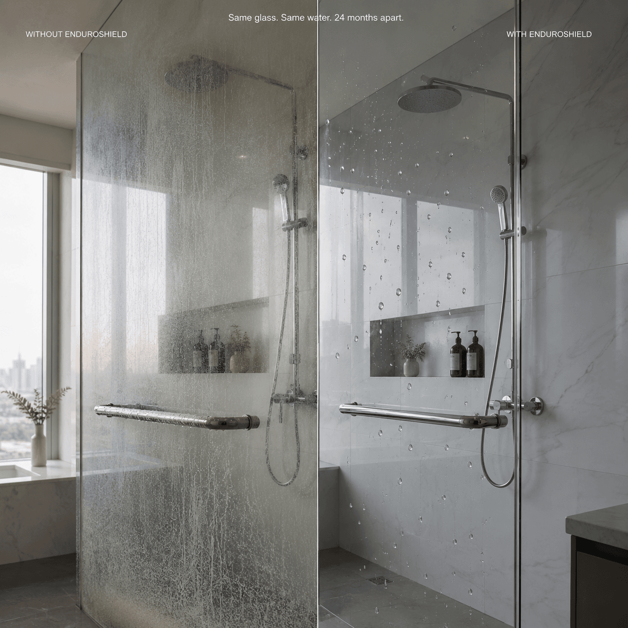 Shower glass 24 months apart — untreated vs EnduroShield treated