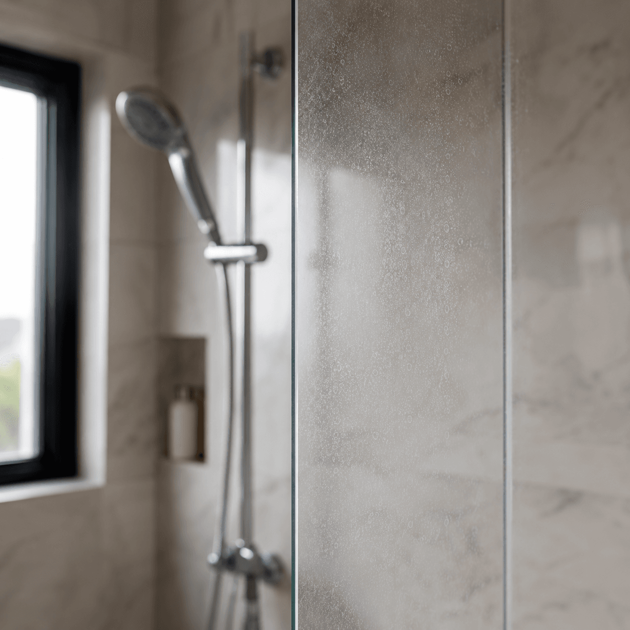 Shower glass at month twelve — a faint haze creeping in