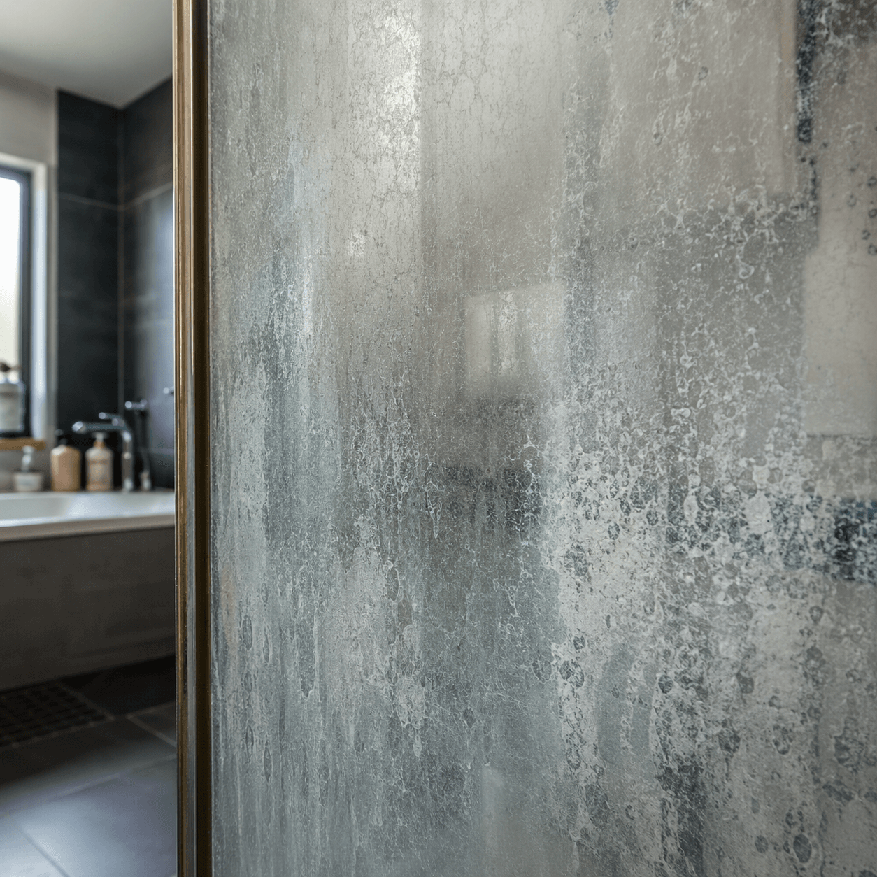 Shower glass at month thirty-six — frosted and permanently ruined