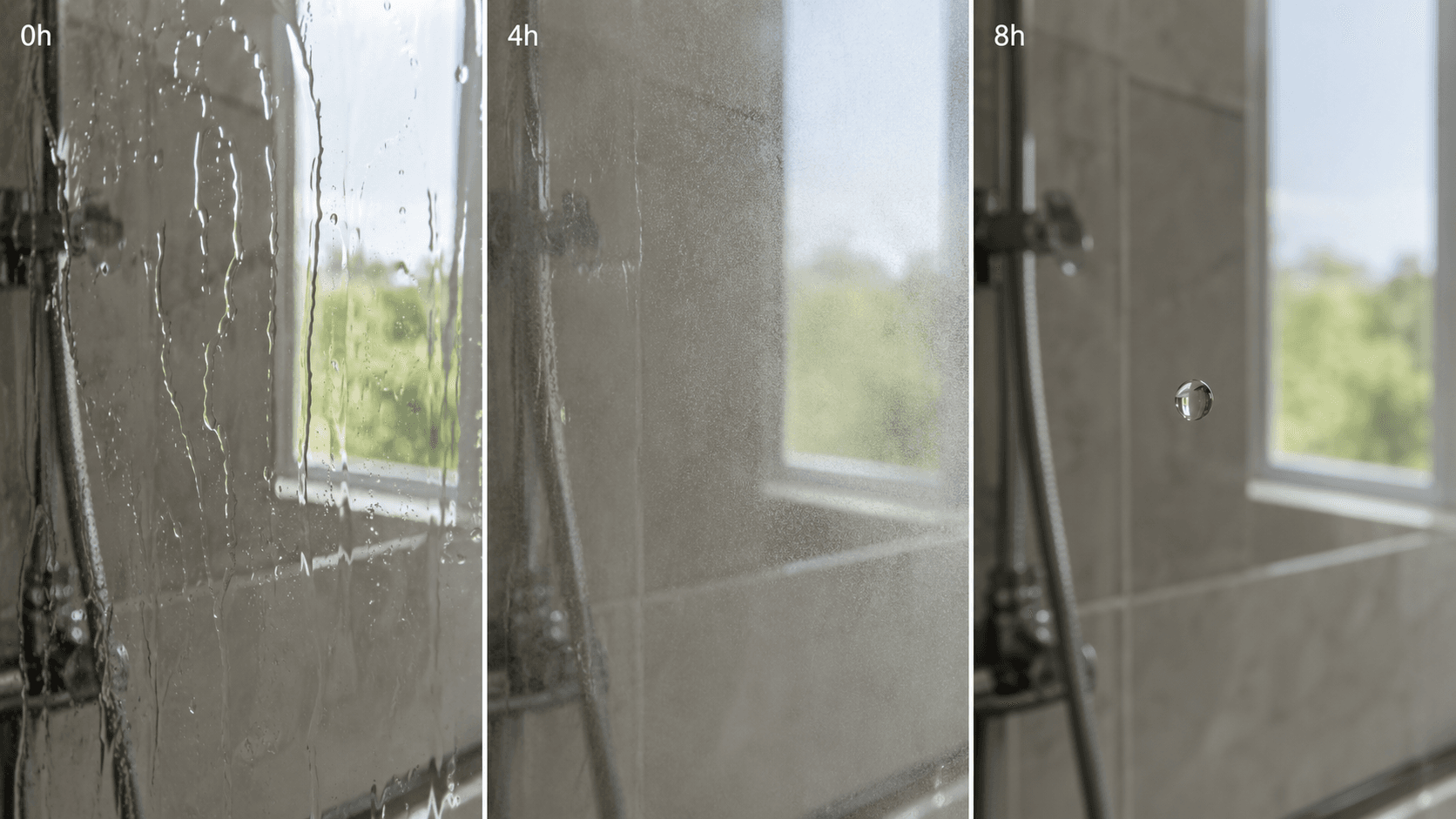 Three-panel macro sequence at 0h, 4h, 8h showing the coating curing on the same spot of shower glass — wet film, semi-cured haze, then invisible with water beading high