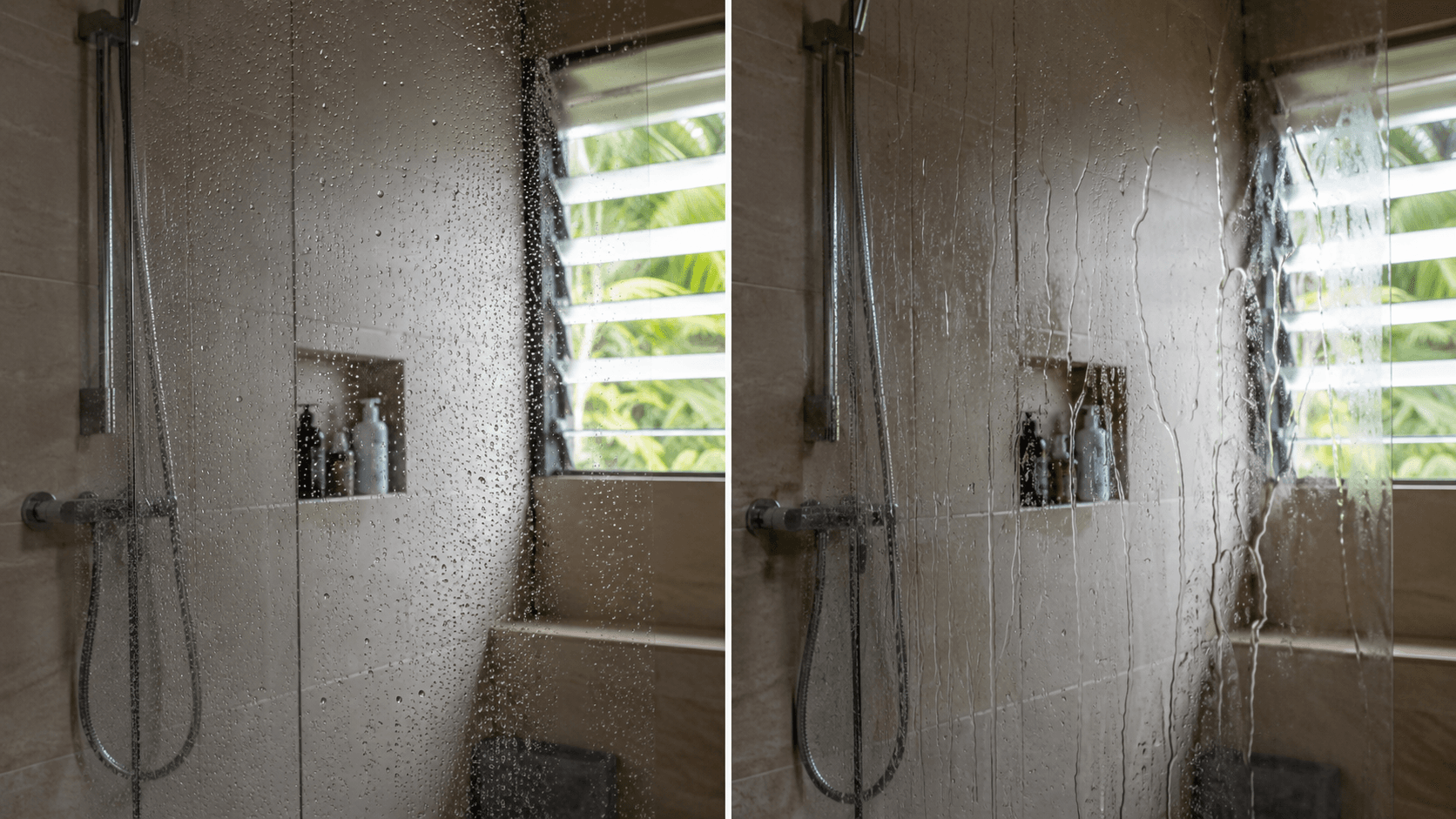 Same shower glass photographed one month after coating vs three months later — cheap spray-on coatings visibly degrade