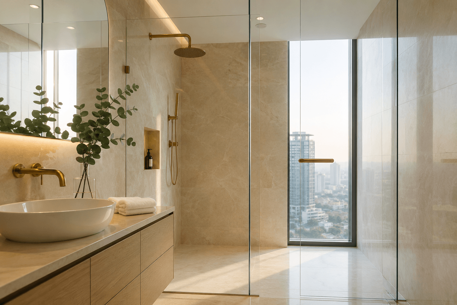 Hotel-grade bathroom with crystal-clear shower glass