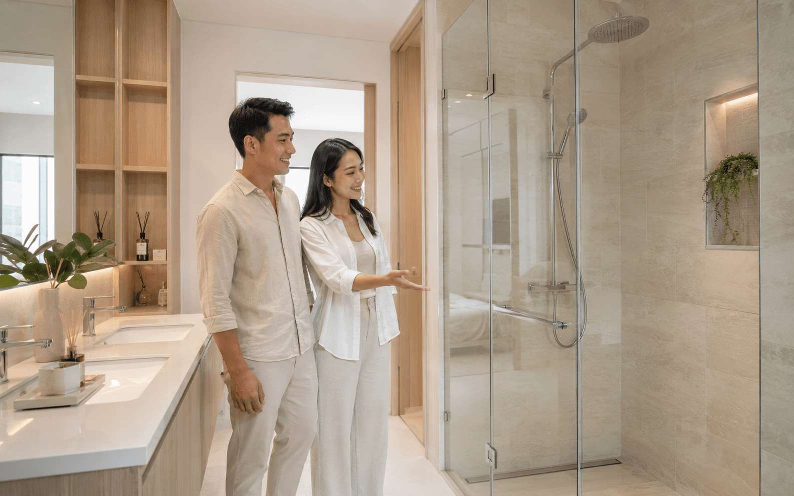 Freshly renovated modern bathroom, brand-new spotless frameless glass shower screen
