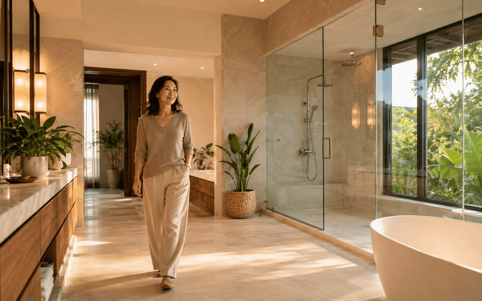 Landed home interior with several bathrooms, multiple clear glass shower screens