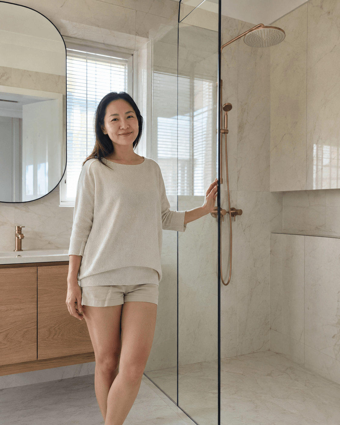 Homeowner beside her spotless clear shower screen years after coating