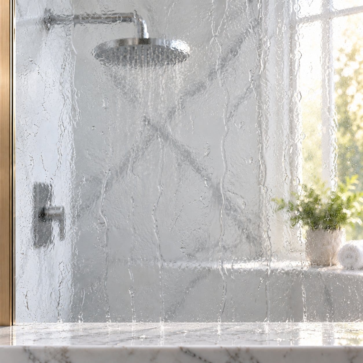 Shower glass: left side without EnduroShield, water spreads into a film; right side coated, water beads up and rolls off