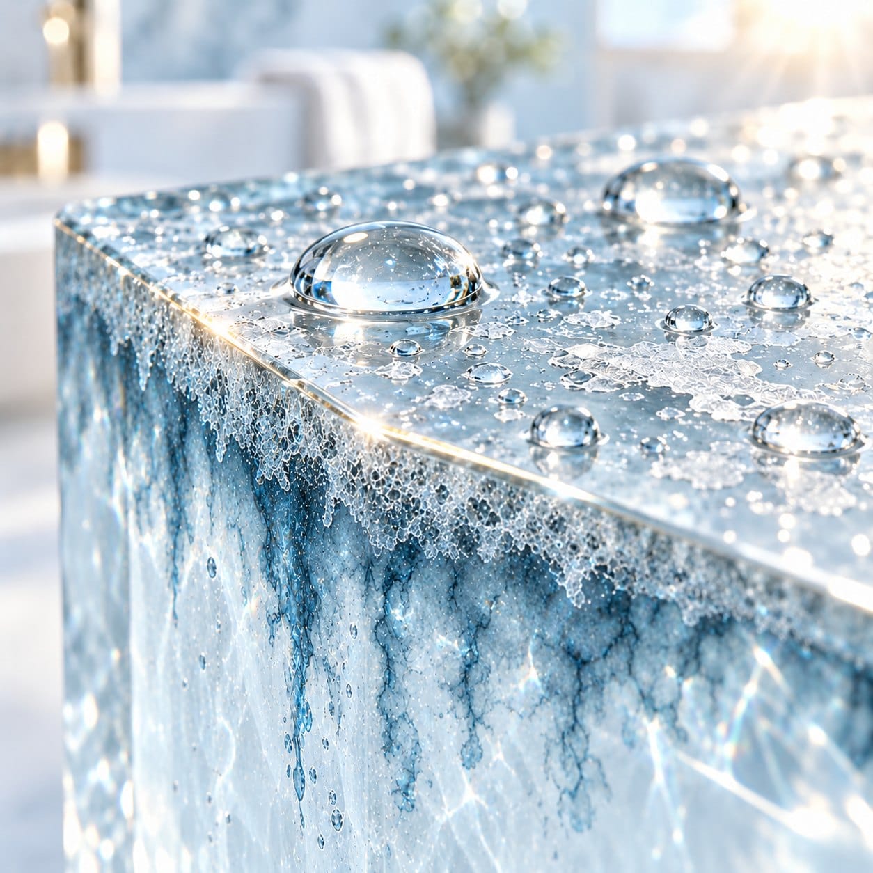Cross-section of shower glass: water left on the surface, pits forming in the top layer, marks sinking into the glass