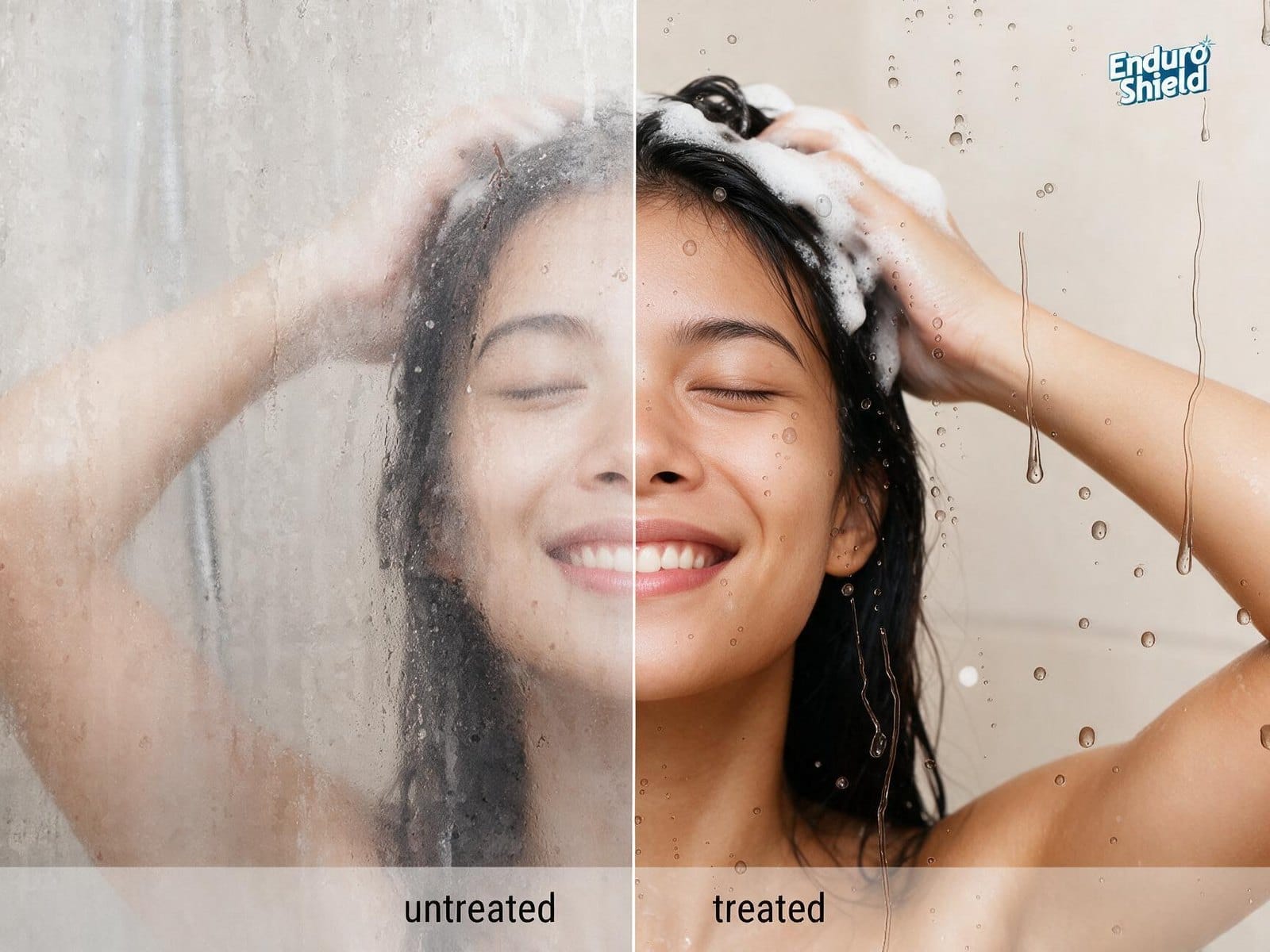 Same shower: glass without EnduroShield is hazy (untreated), coated glass is clear (treated)